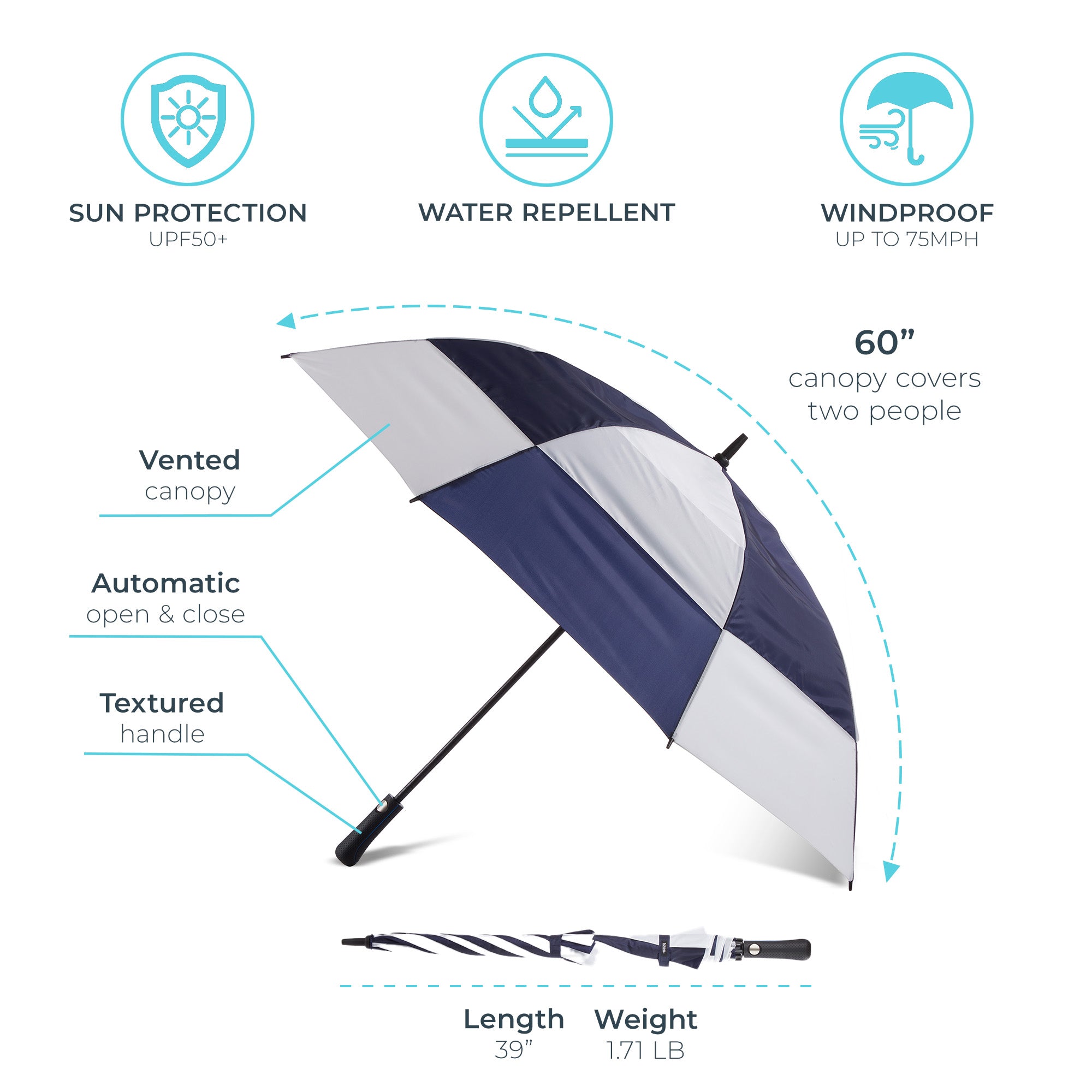 Vented Golf Stick Umbrella with Wind & Sun Protection