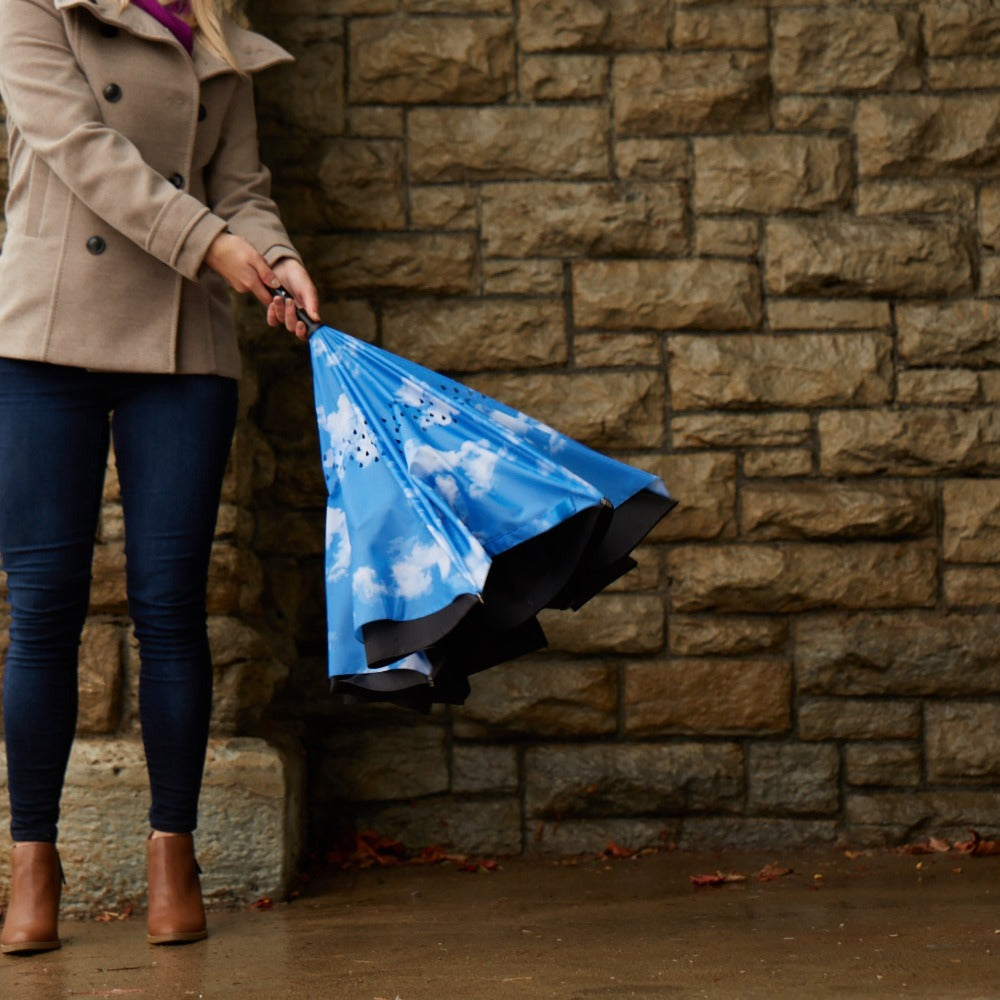 Stick Reverse-Close Umbrella with Under-Canopy Print